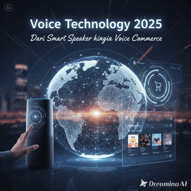 Ilustrasi voice technology 2025 dengan smart speaker, asisten suara, dan belanja online berbasis suara.
