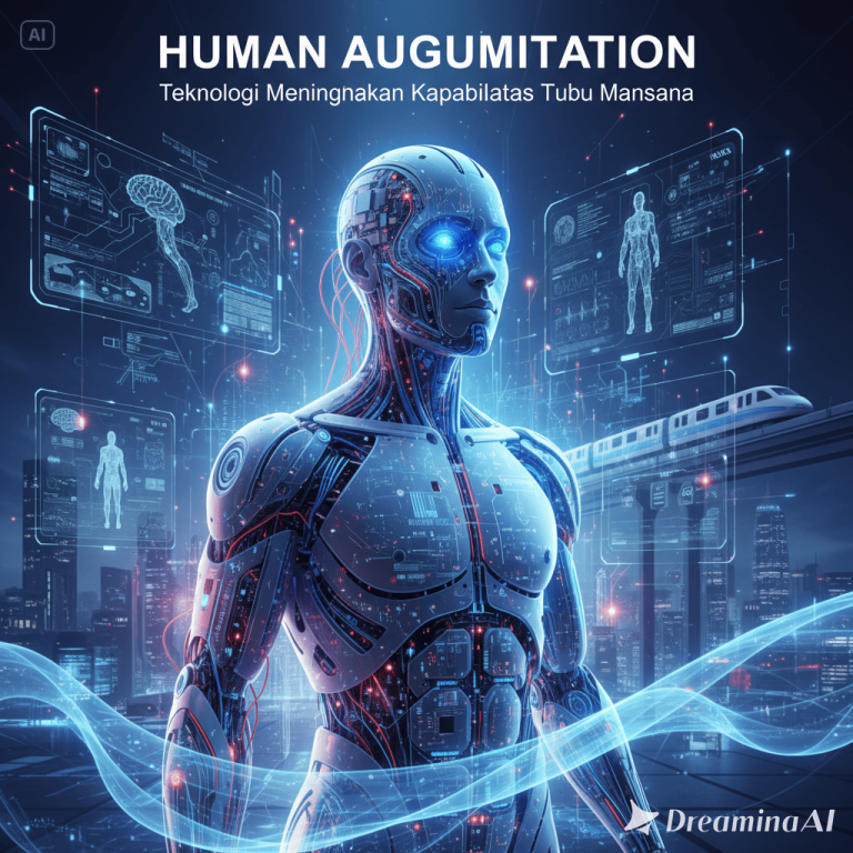 Ilustrasi human augmentation dengan exoskeleton, implan otak, dan teknologi sensorik.