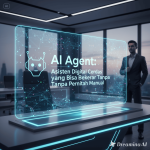 Ilustrasi AI Agent berbentuk humanoid digital yang mengelola data dan sistem otomatis.