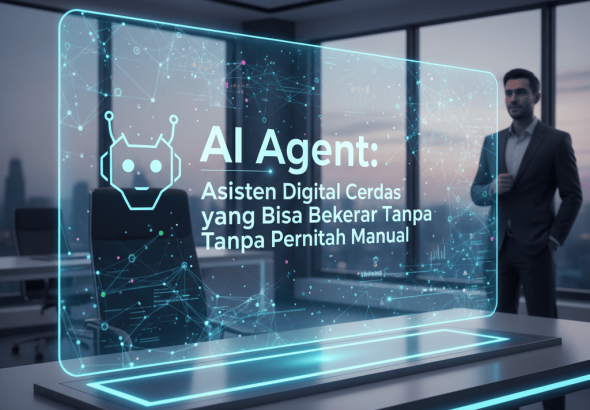Ilustrasi AI Agent berbentuk humanoid digital yang mengelola data dan sistem otomatis.