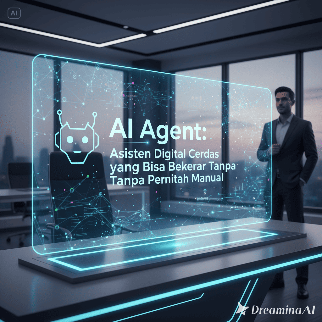 Ilustrasi AI Agent berbentuk humanoid digital yang mengelola data dan sistem otomatis.