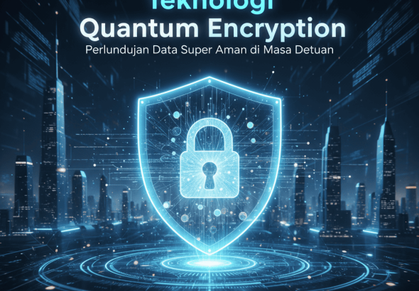Ilustrasi enkripsi kuantum dengan foton cahaya yang melindungi data digital