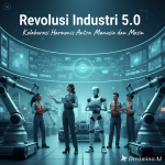 Ilustrasi kolaborasi manusia dan robot dalam Revolusi Industri 5.0.