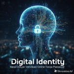 Ilustrasi digital identity dengan biometrik sidik jari dan wajah untuk verifikasi online.
