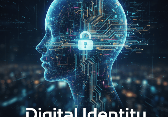 Ilustrasi digital identity dengan biometrik sidik jari dan wajah untuk verifikasi online.