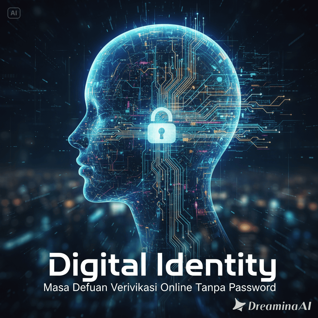 Ilustrasi digital identity dengan biometrik sidik jari dan wajah untuk verifikasi online.