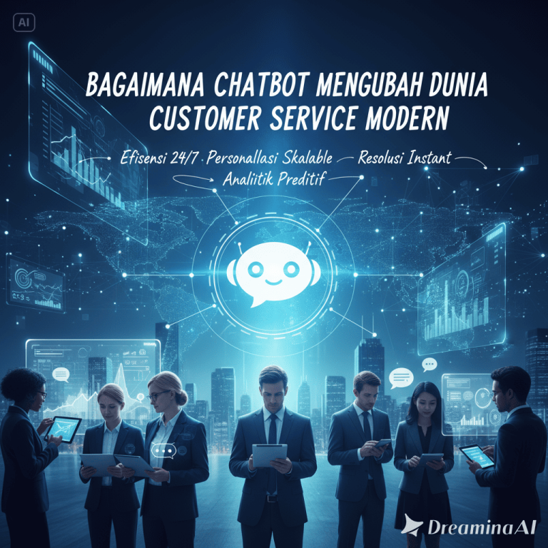 Ilustrasi chatbot AI membantu pelanggan melalui layar smartphone dengan ikon percakapan digital.