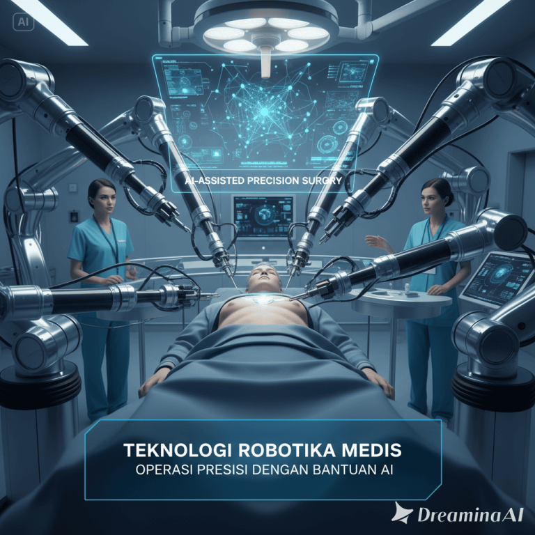 Ilustrasi robot medis membantu dokter melakukan operasi dengan presisi tinggi di ruang bedah modern.