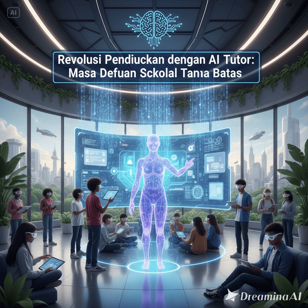 Ilustrasi AI tutor digital membantu siswa belajar melalui layar hologram dengan latar ruang kelas futuristik.