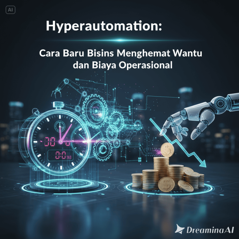 Ilustrasi robot dan manusia bekerja sama di pabrik digital dengan sistem otomatis dan data analitik.