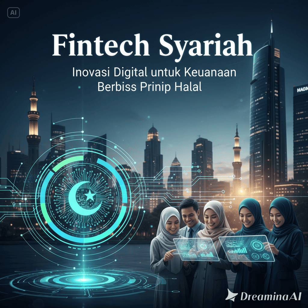 Ilustrasi teknologi keuangan syariah dengan simbol bulan sabit, koin digital, dan jaringan blockchain.