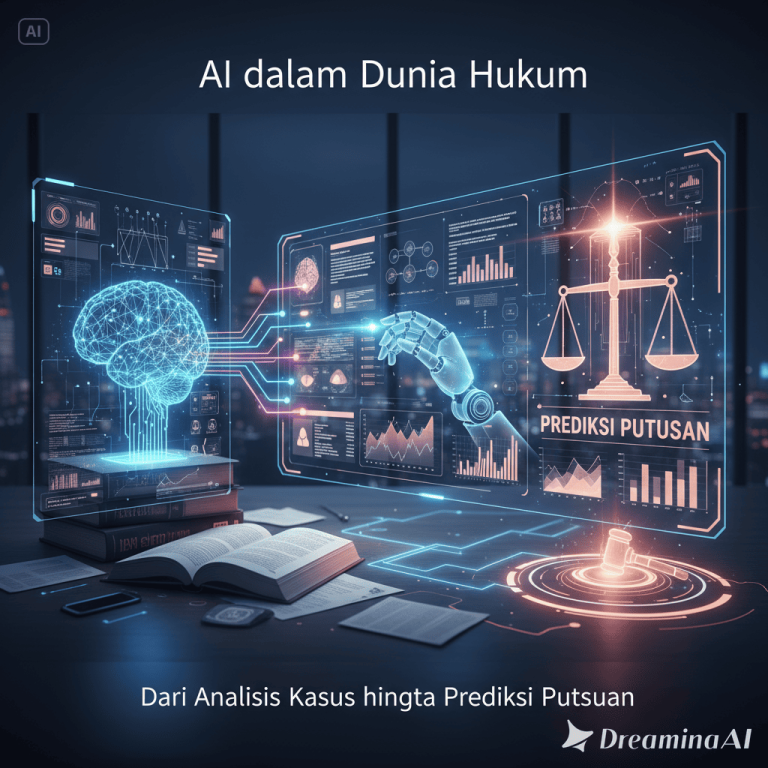 Ilustrasi keseimbangan timbangan hukum digital dengan simbol AI dan data hukum.