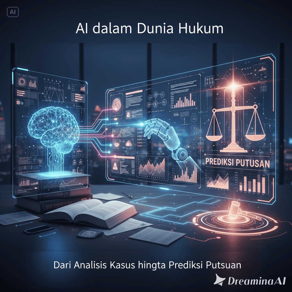 Ilustrasi keseimbangan timbangan hukum digital dengan simbol AI dan data hukum.