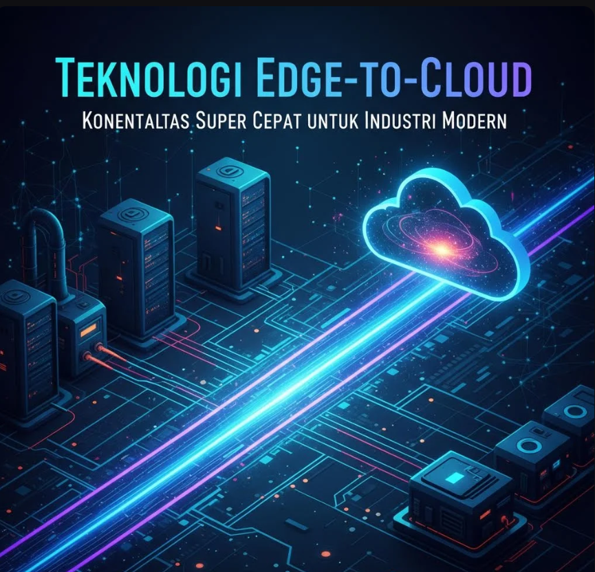 Ilustrasi jaringan Edge-to-Cloud dengan konektivitas cepat dan sensor industri terhubung ke cloud