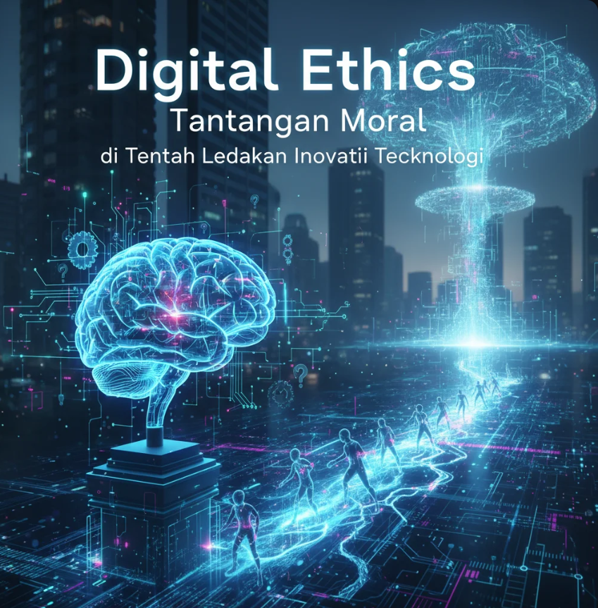 Ilustrasi keseimbangan antara teknologi dan etika dengan simbol AI dan timbangan moral di latar digital biru.