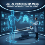 Dokter memantau model digital 3D tubuh manusia di layar holografik dengan data medis real-time.