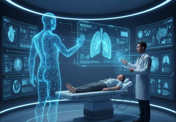 Dokter memantau model digital 3D tubuh manusia di layar holografik dengan data medis real-time.