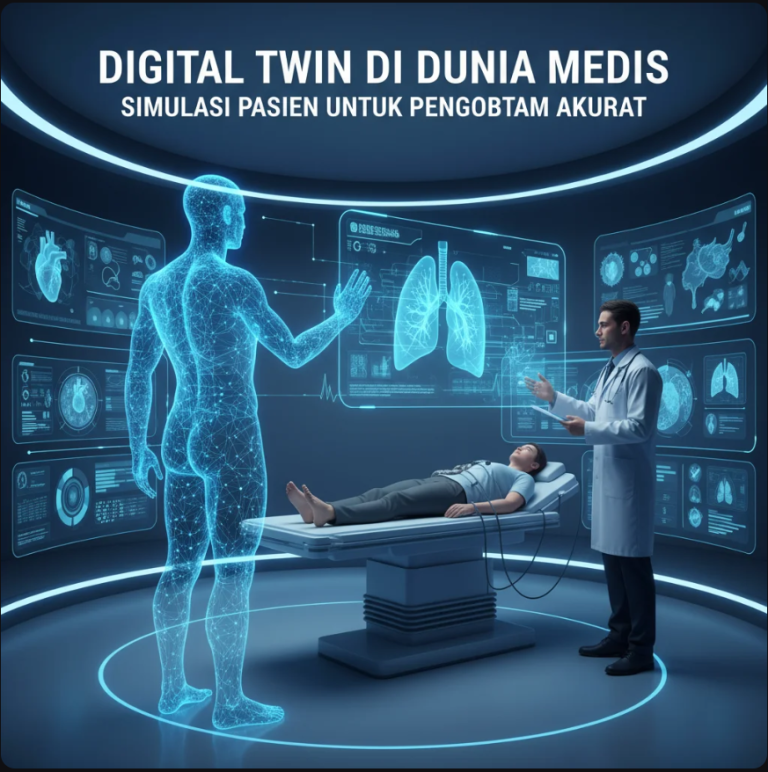 Dokter memantau model digital 3D tubuh manusia di layar holografik dengan data medis real-time.