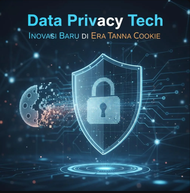 Ilustrasi teknologi perlindungan data dengan simbol gembok digital dan alur data terenkripsi di era tanpa cookie.
