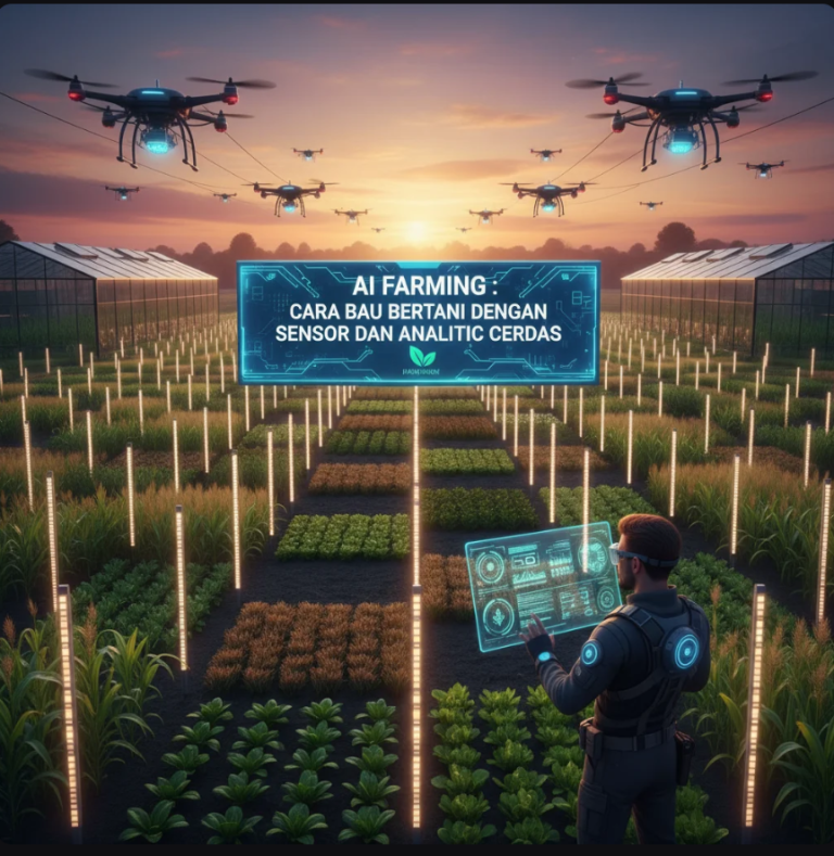Petani menggunakan tablet dengan data sensor dan drone terbang di atas ladang hijau.