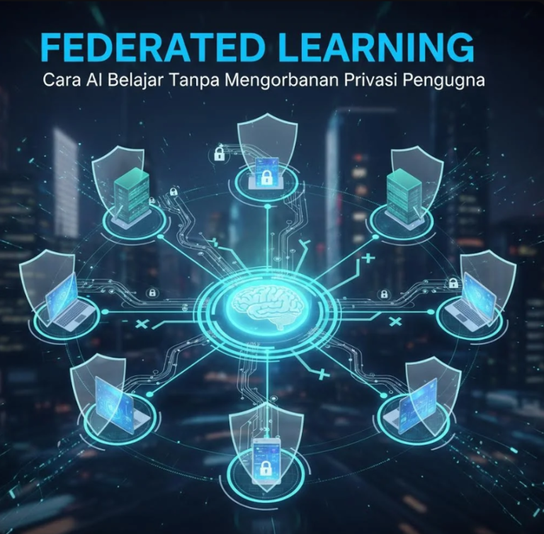 Ilustrasi federated learning dengan banyak perangkat terhubung ke model pusat tanpa mengirimkan data mentah.