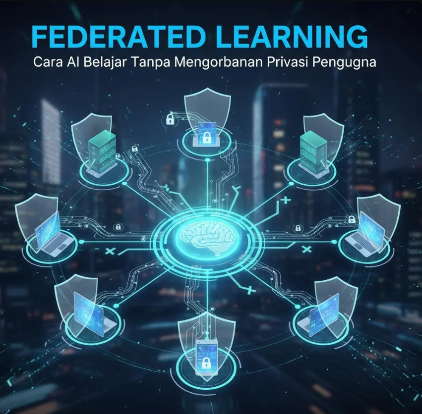 Ilustrasi federated learning dengan banyak perangkat terhubung ke model pusat tanpa mengirimkan data mentah.