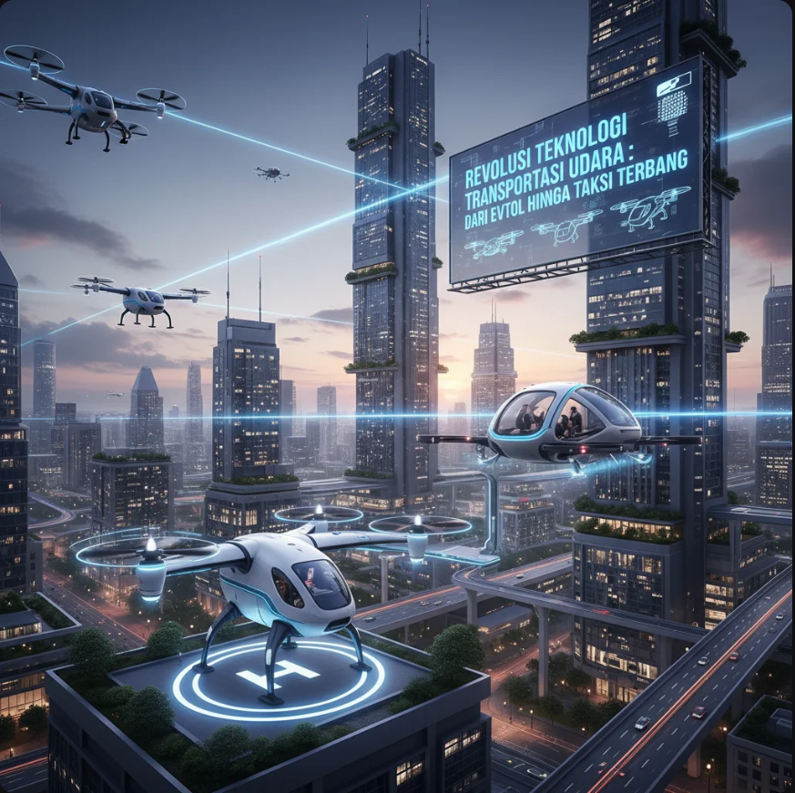 Kendaraan eVTOL modern terbang di atas kota futuristik dengan pendaratan vertikal di atap gedung.