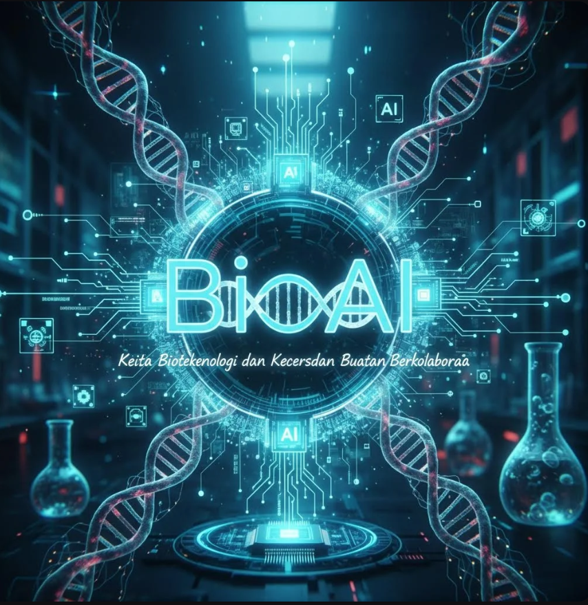 Ilustrasi otak digital yang terhubung dengan DNA helix dan algoritma AI