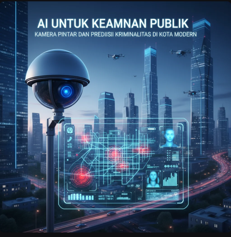 Kamera CCTV futuristik dengan antarmuka AI digital yang menganalisis wajah dan aktivitas di kota malam modern.