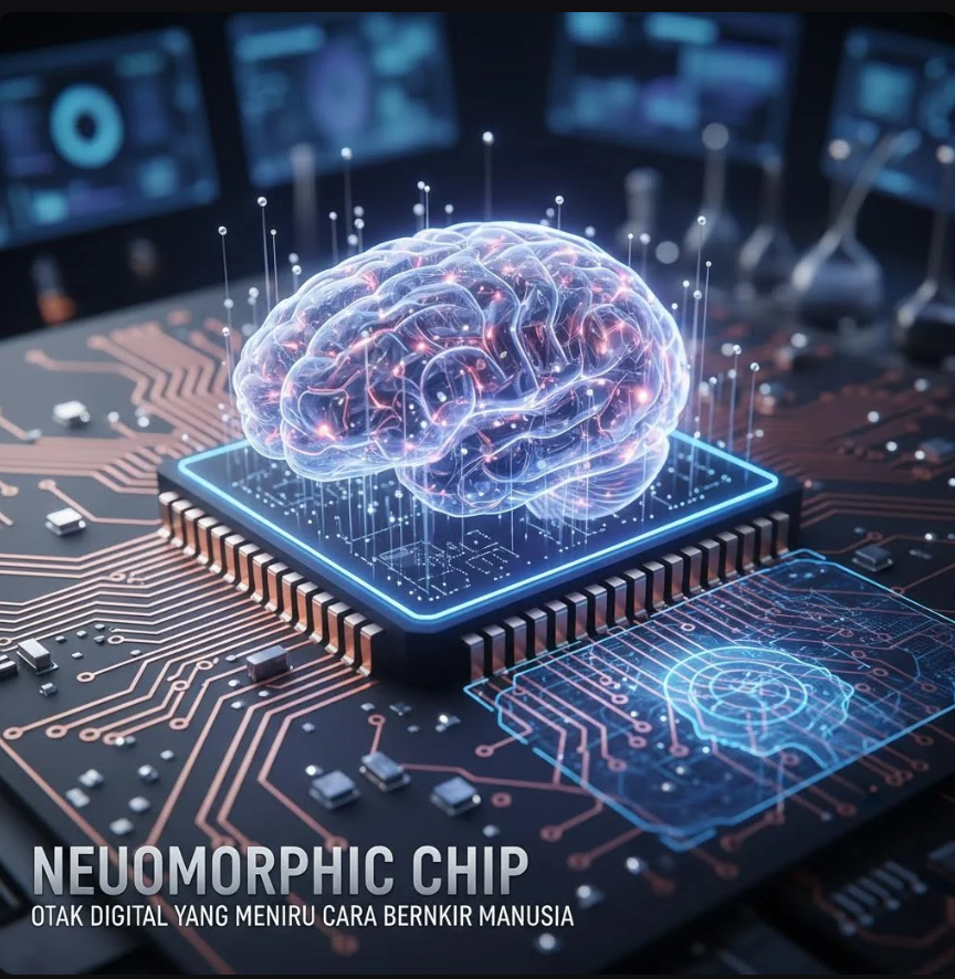 Ilustrasi chip neuromorphic dengan pola neuron bercahaya seperti otak manusia.