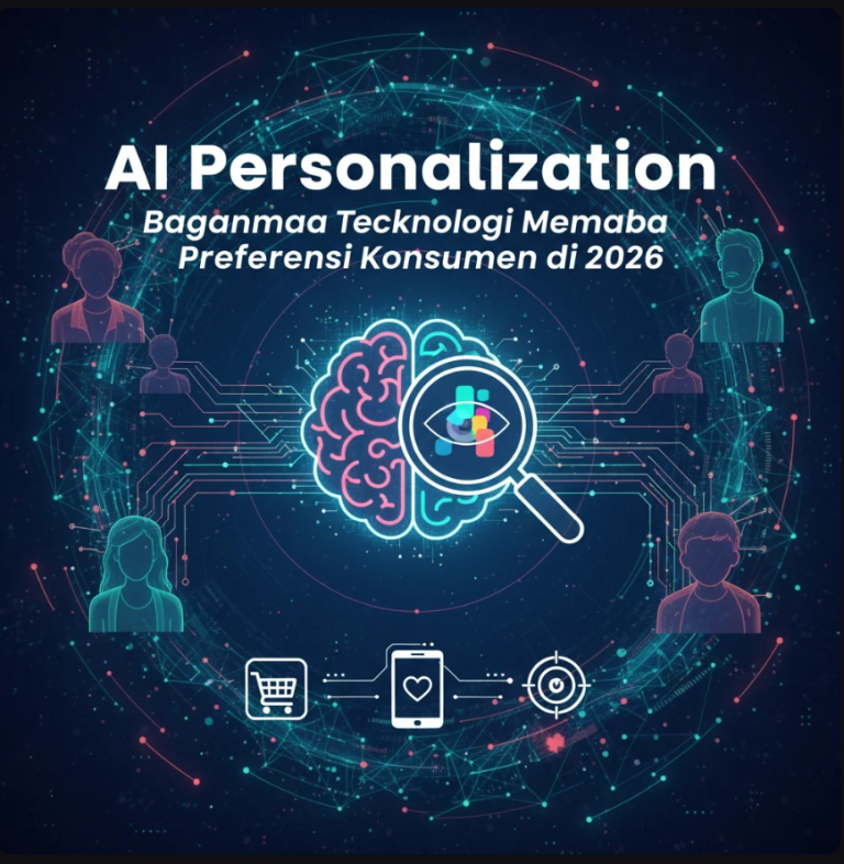Ilustrasi AI dengan wajah digital menatap layar penuh data personalisasi konsumen, menggambarkan hubungan manusia dan teknologi di era 2026.