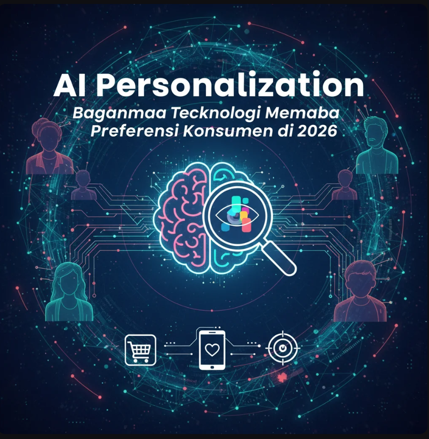 Ilustrasi AI dengan wajah digital menatap layar penuh data personalisasi konsumen, menggambarkan hubungan manusia dan teknologi di era 2026.