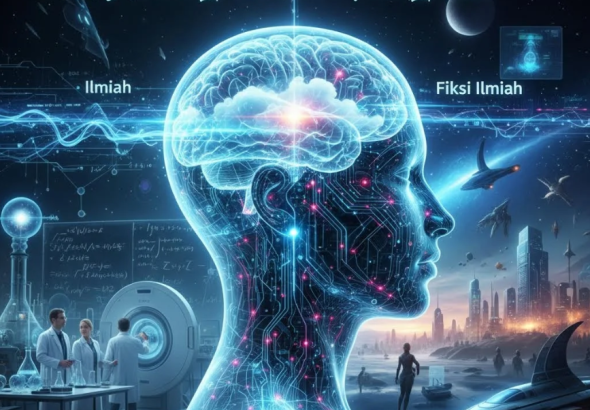 Ilustrasi otak manusia yang terhubung ke jaringan digital futuristik