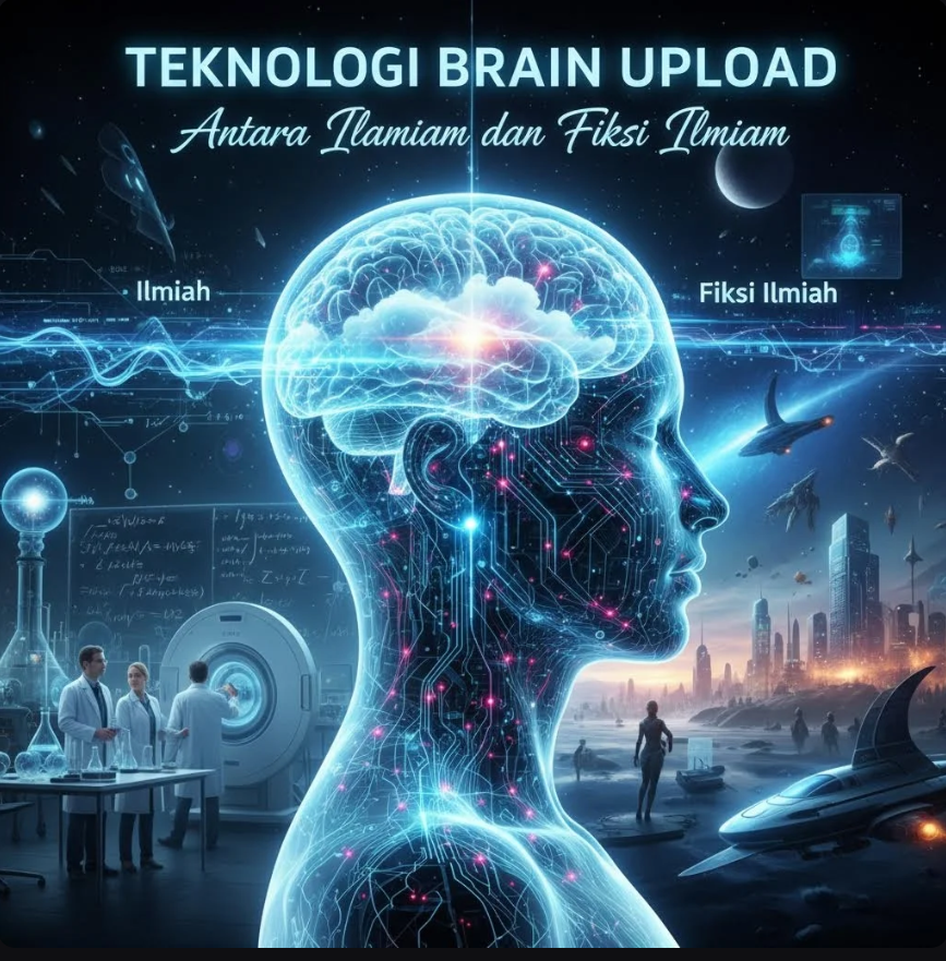 Ilustrasi otak manusia yang terhubung ke jaringan digital futuristik