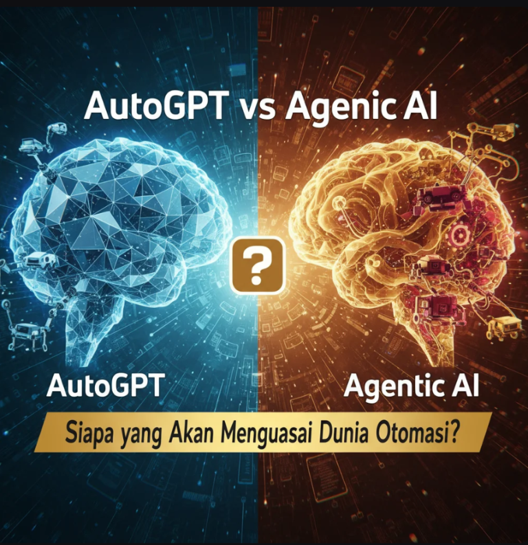 Ilustrasi dua robot AI saling berhadapan di lingkungan digital, satu dengan label ‘AutoGPT’, satu lagi ‘Agentic AI’, di tengah ikon gear dan jaringan data.