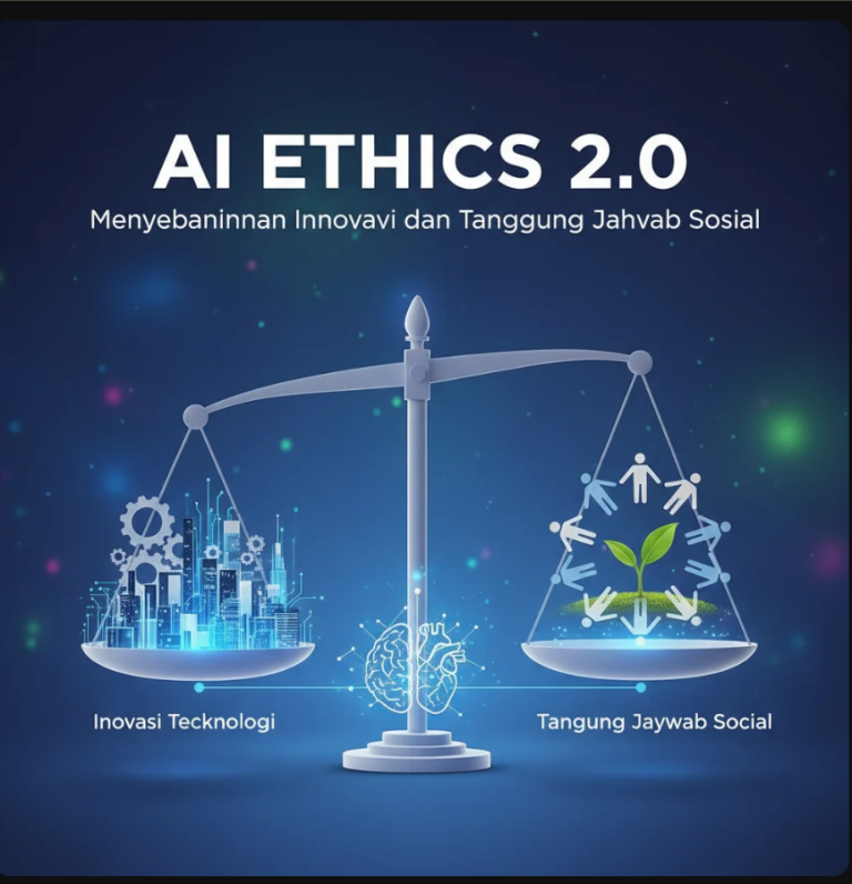 Ilustrasi kecerdasan buatan dengan simbol keadilan dan keseimbangan etika.