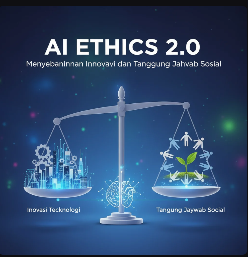 Ilustrasi kecerdasan buatan dengan simbol keadilan dan keseimbangan etika.