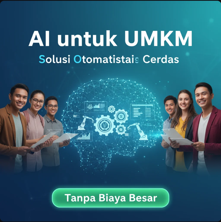UMKM menggunakan teknologi AI untuk otomatisasi bisnis dengan laptop dan dashboard digital.