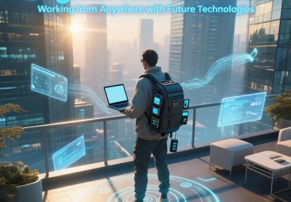 Seorang digital nomad bekerja di luar ruangan dengan perangkat futuristik dan konektivitas cerdas