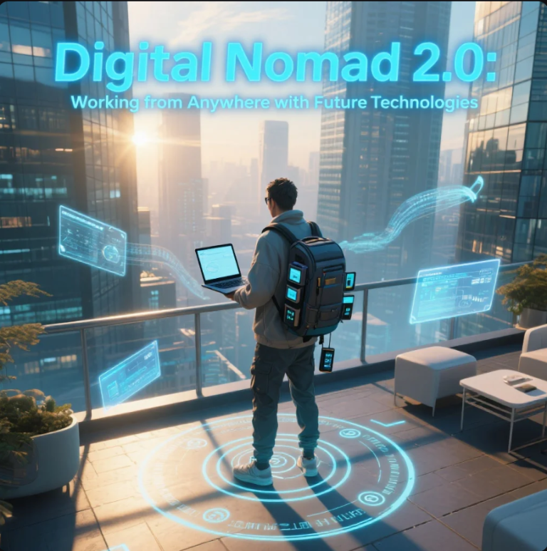 Seorang digital nomad bekerja di luar ruangan dengan perangkat futuristik dan konektivitas cerdas