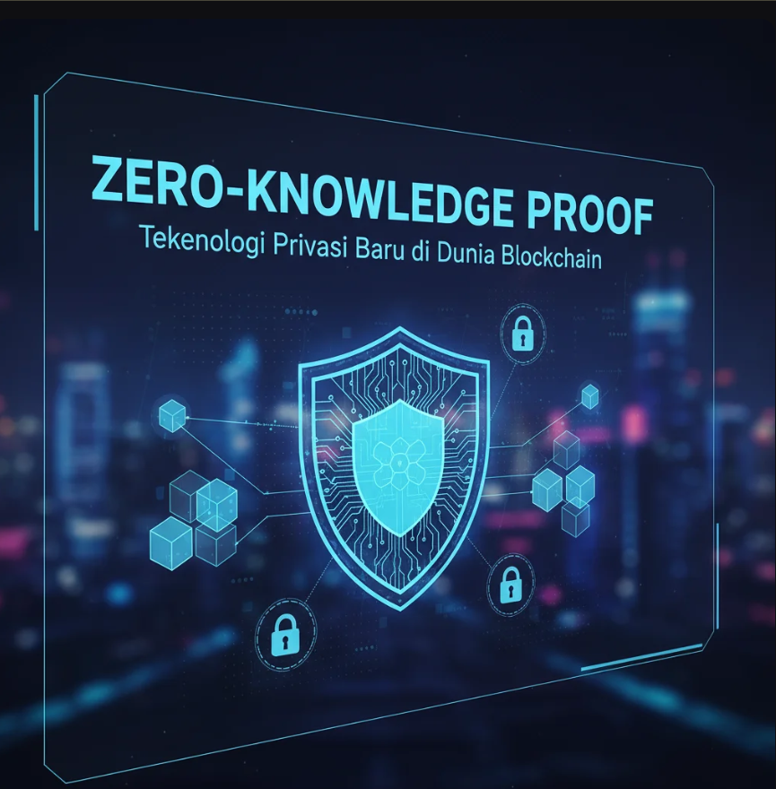 Ilustrasi rantai blok blockchain dengan gembok digital dan bukti kriptografi di latar belakang.