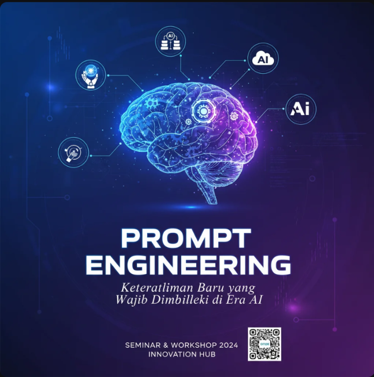Ilustrasi otak digital dan tangan manusia yang saling terhubung melalui instruksi prompt.