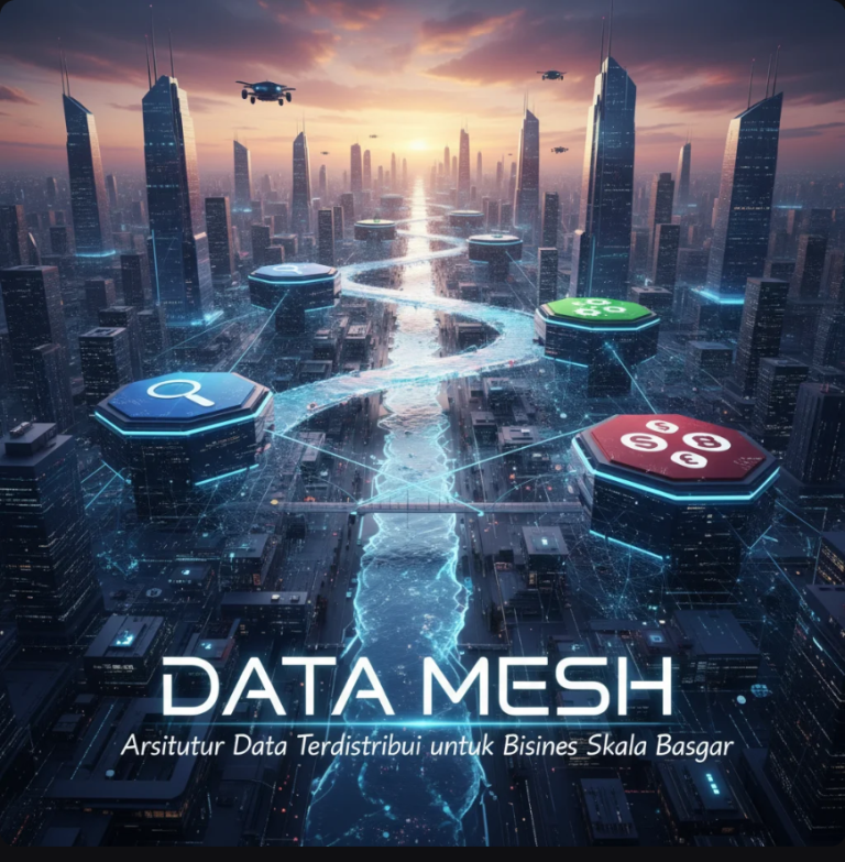 Ilustrasi arsitektur Data Mesh dengan node data terdistribusi yang saling terhubung