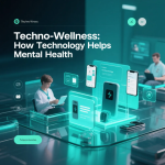 Ilustrasi teknologi digital yang mendukung kesehatan mental melalui aplikasi dan perangkat wearable