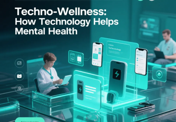 Ilustrasi teknologi digital yang mendukung kesehatan mental melalui aplikasi dan perangkat wearable