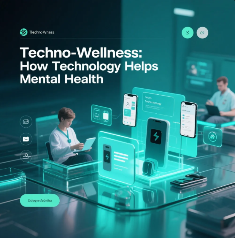 Ilustrasi teknologi digital yang mendukung kesehatan mental melalui aplikasi dan perangkat wearable