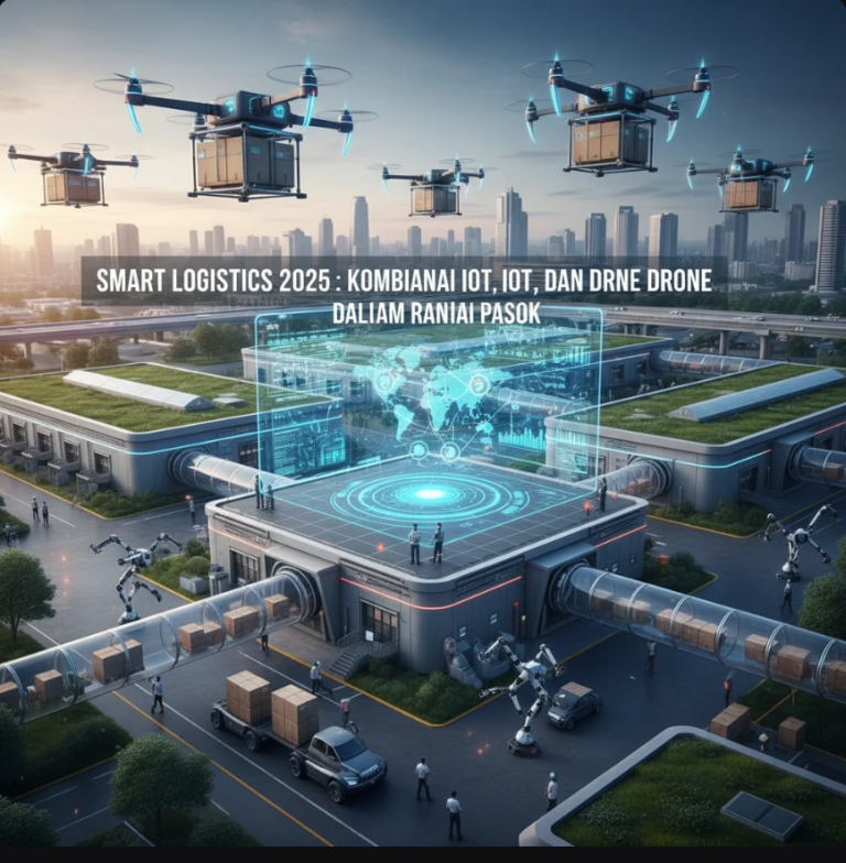 Drone logistik terbang di atas gudang pintar dengan jaringan data digital yang terhubung.