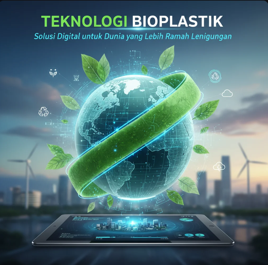 Proses produksi bioplastik modern dengan mesin otomatis dan bahan organik di pabrik berteknologi tinggi.