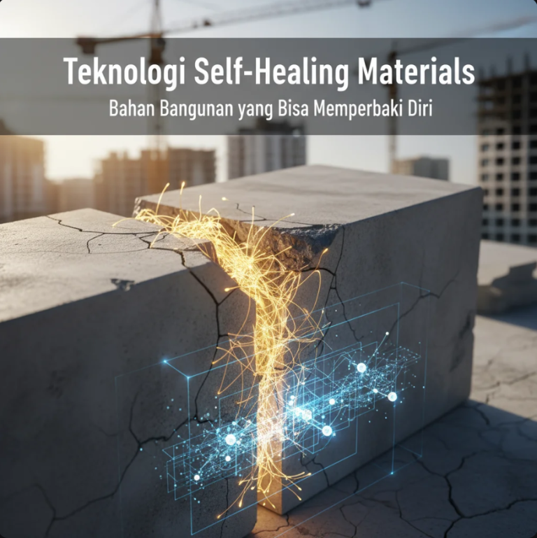 Ilustrasi beton self-healing dengan retakan yang menutup otomatis di bawah mikroskop.
