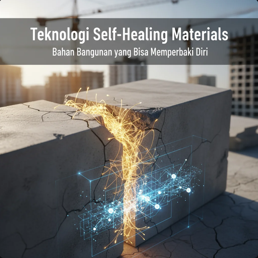 Ilustrasi beton self-healing dengan retakan yang menutup otomatis di bawah mikroskop.